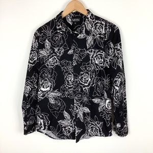 Boohoo Man Men’s Black Cotton Floral Button Down Shirt Size Small